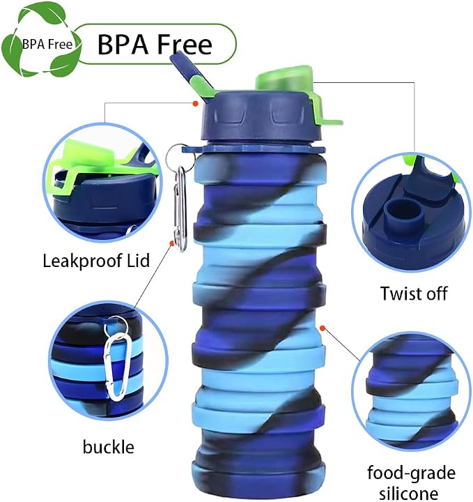 Silicone Collapsible Water Bottles, 16oz 500ml Portable Foldable Expandable Water Bottle Sports Cups, Leak Proof Reusable BPA Free, for Outdoor Activities Travel (Blue-B) - Image 3