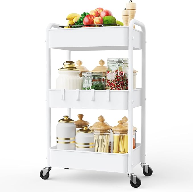 LEHOM 3 Tier Rolling Cart, Metal Rolling Utility Cart with Lockable Wheels | Multi-Functional Heavy Duty Storage Cart Organizer for Bathroom, Kitchen, Office, Living Room, Rolling Storage Trolley by LEHOM
