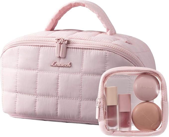 LOVEVOOK Travel Makeup Bag for Women, 2Pcs Puffer Waterproof Cosmetic Organizer, Large Capacity Pouch Open Flat Small Toiletry Bag with Brush Compartment & Handle (Pink-Checkered, Medium) by LOVEVOOK