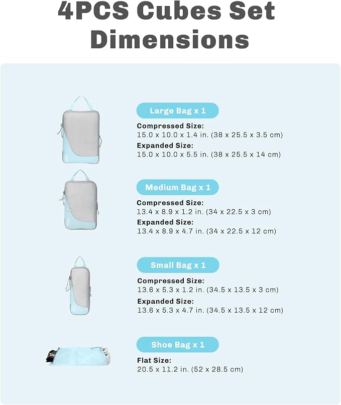 6 Set/ 4 Set/ 2 Set Compression Packing Cubes Travel Essentials Lightweight Nylon Luggage Suitcase Organizer Bag Light Blue 4PCS - Image 2
