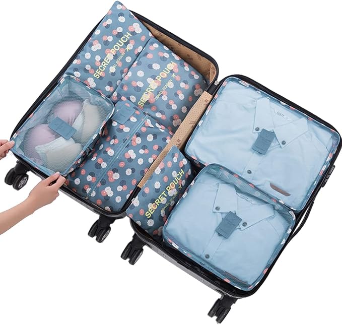 7 Set Packing Cubes Travel Luggage Packing Organizers for Suitcase, Blue Flower by Fxkoolr