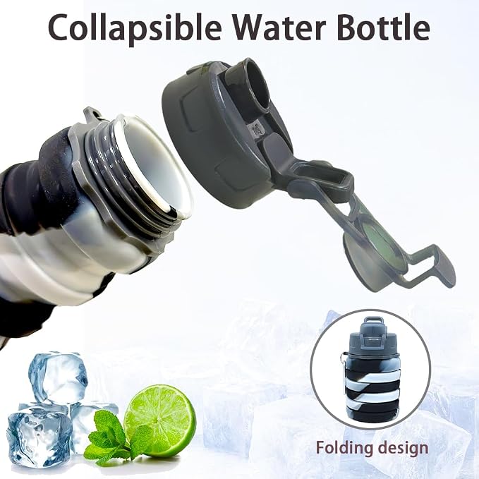 Silicone Collapsible Water Bottles, 16oz Portable Foldable Expandable Water Bottle Sports Cups, Leak Proof Reusable BPA Free, for Outdoor Activities Travel(Black white) - Image 4
