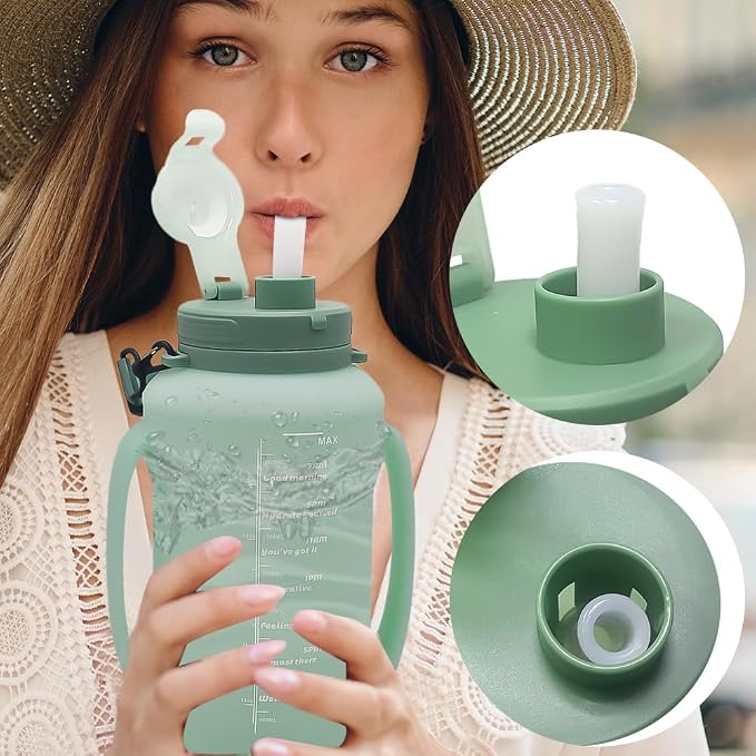 64oz Collapsible Silicone Water Bottle with Straw & Grip(Green) | Save Space,BPA-Free,Large Capacity,Time Marker, Foldable Sport Bottle,Portable for Gym, Hiking, Camping, Outdoor Activities - Image 8