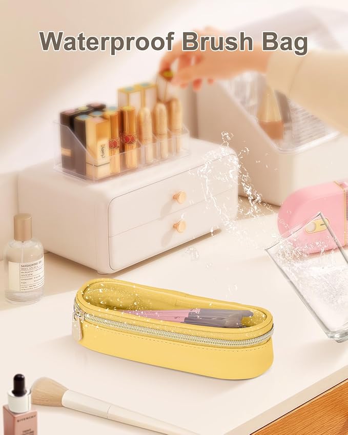 Soimeat Clear Travel Makeup Brush Holder, Leather Makeup Brush Toiletry Bag, Portable Cosmetic Brush Case, Transparent Waterproof Makeup Brush Storage Bag, Yellow - Image 7