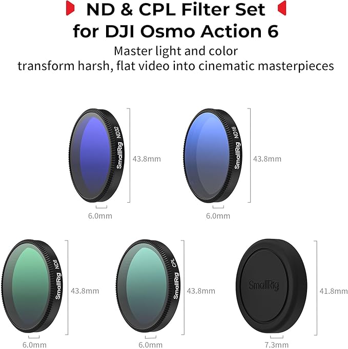 SmallRig ND Filter Kit for DJI Osmo Action 6-5895 | 5-Pack: CPL + FS ND8/ND16/ND32+Lens Silicone Cover, Snap-On Polarizing Neutral Density Filters, HD Optical Glass/Multi-Coated - Image 2