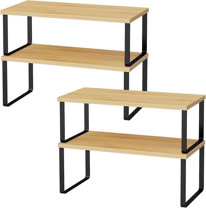OGEMXU Cabinet Shelf Organizers, 15.7 inches Large Kitchen Counter Shelf, Set of 4 Wood Kitchen Pantry Organizer, Storage Shelves for Countertop, Spice Rack, Stackable, Expandable, Metal Black, Nature by OGEMXU