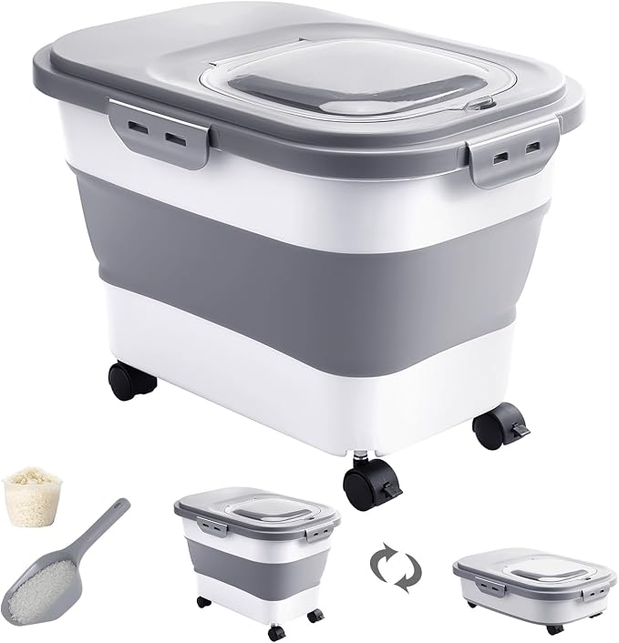 20-30 Lbs Rice Storage Container,Collapsible Food Storage Containers | Flour Storage Container with Wheels Airtight Locking Lid,Rice Container with Cup and Scoop,Suitable for Rice,Pet Food,Flour by DDMOMMYCOLLAPSIBLEFOODSTORAGECONTAINERFAMILY