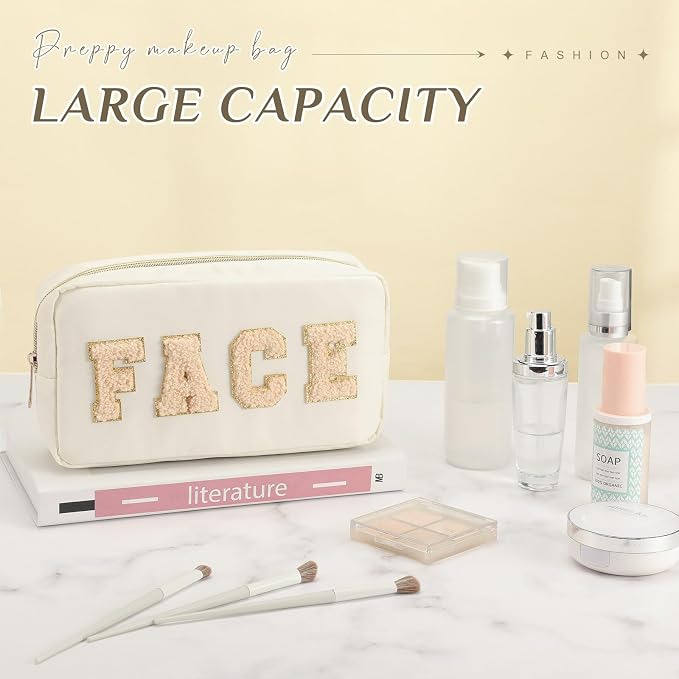 Preppy Makeup Bags Chenille Letter Stuff Bag Nylon Cosmetic Pouch Cases with Zipper for Women Travel Toiletry(Apricot Color,Classic,4 Pcs) - Image 2