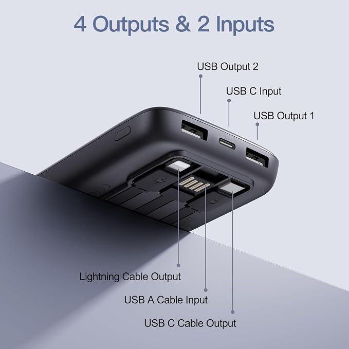 2026 2-Pack 10000mAh Portable Charger Battery Pack with Built in Cables | Travel Essential, 4 Outputs 2 Inputs Slim Power Bank for iPhone 17/16/15/14, Samsung Galaxy S23/22, Pixel etc - Image 3