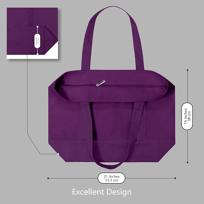 TOPDesign 3-Pack Canvas Tote Bags with an External Pocket, Reusable Grocery Shopping Bags, Top Zipper Closure, Daily Essentials (Purple) - Image 5