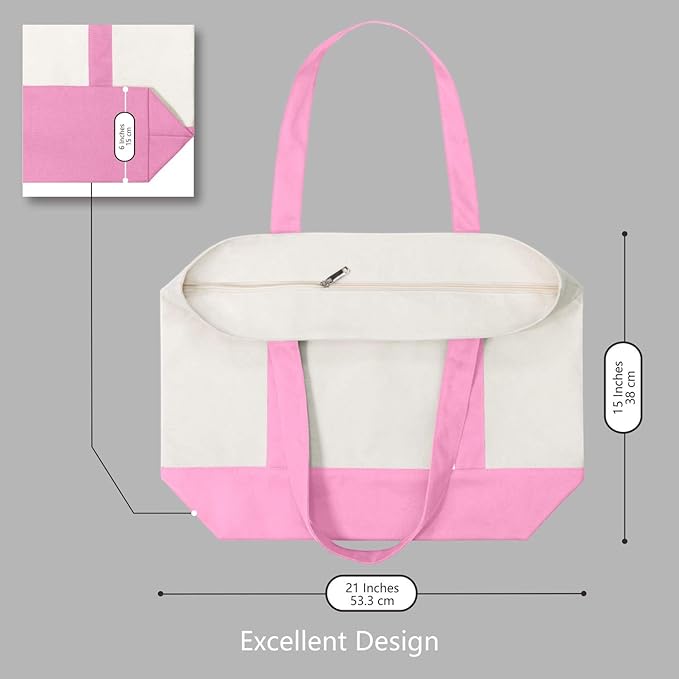 TOPDesign 3-Pack Canvas Tote Bags with an External Pocket, Reusable Grocery Shopping Bags, Top Zipper Closure, Daily Essentials (Pink/Natural) - Image 5