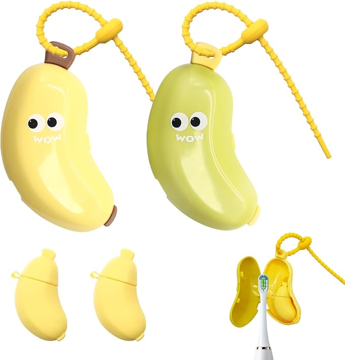 Banana-Shaped Toothbrush Protector Cover 2 Pack (Green & Yellow), with Toothpaste Dispenser, 2-in-1 Clip on Toothbrush Travel Case for Home Travel and Camping by Unknown