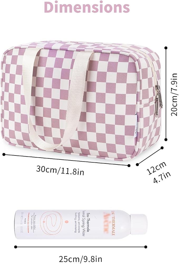 Narwey Large Checkered Travel Toiletry Bag Women Toiletries Bag Pink Makeup Bag Organizer Make up bag Cosmetic Bag Medicine Bag for Girls (Dusty Rose Checkerboard, Large) - Image 4