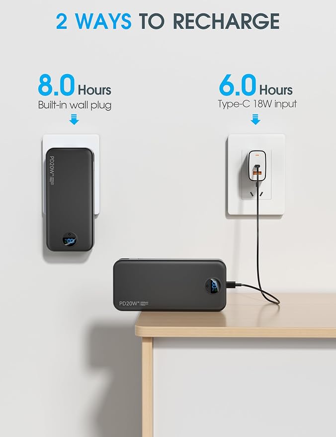 citicr Portable Charger 20000mAh PD20W w/Built-in Cables & Wall Plug Black | High capacity, Fast charging, Built-in wall plug, LED display, Charge 5 devices at once, Pass through charging, TSA approved - Image 6