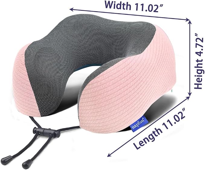 napfun Neck Pillow for Travel with Travel Pouch, Sleep Mask & Earplugs, Memory Foam Airplane Pillow for Headrest Sleep with Eyeshades, Plane Essentials with Eye Blindfold, Pink Striped Kit - Image 5