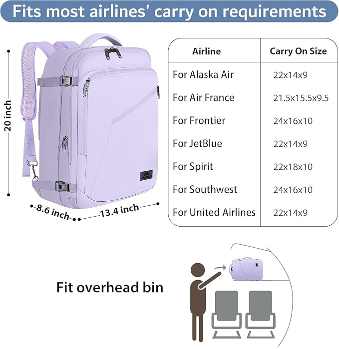MATEIN Extra Large Travel Backpack for Women, Expandable Carryon Daypack | Personal Item Size, Adjustable Shoulder Strap, Airline Approved, For Travelling Hiking Camping Gym, Cute Gifts, Light Purple - Image 2