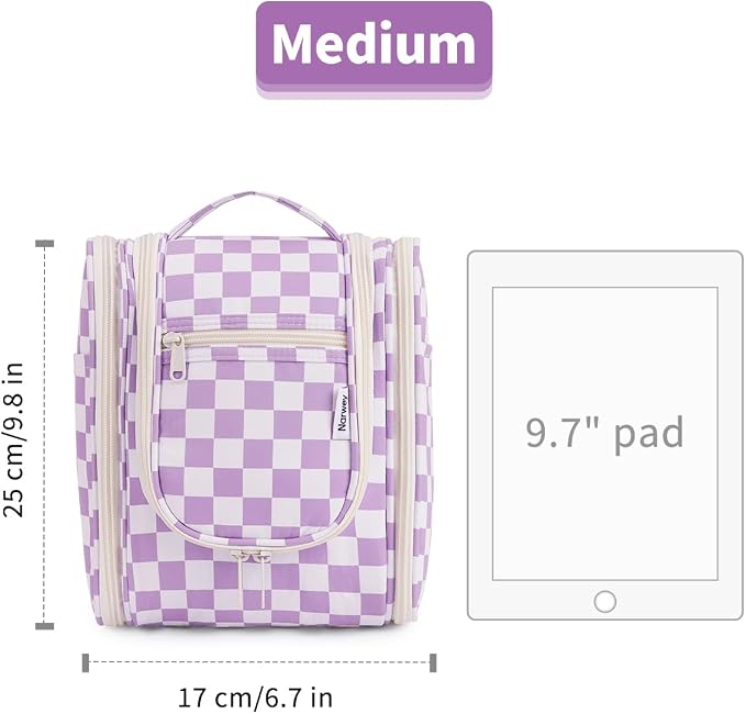 Narwey Small Checkered Hanging Travel Toiletry Bag for Women, Travel Bag for Toiletries, Makeup Bag Organizer Cosmetic Bags Make Up Bags for Women (Purple Checkerboard) - Image 7