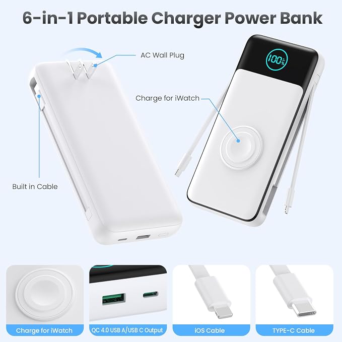 Portable Charger for iPhone with Built-in Cables and AC Wall Plug,26800mah Fast Charging USB C Power Bank,25W PD Travel Essential Battery Pack for iPhone 17/16/15/14/13,Galaxy,Apple Watch (White) - Image 2