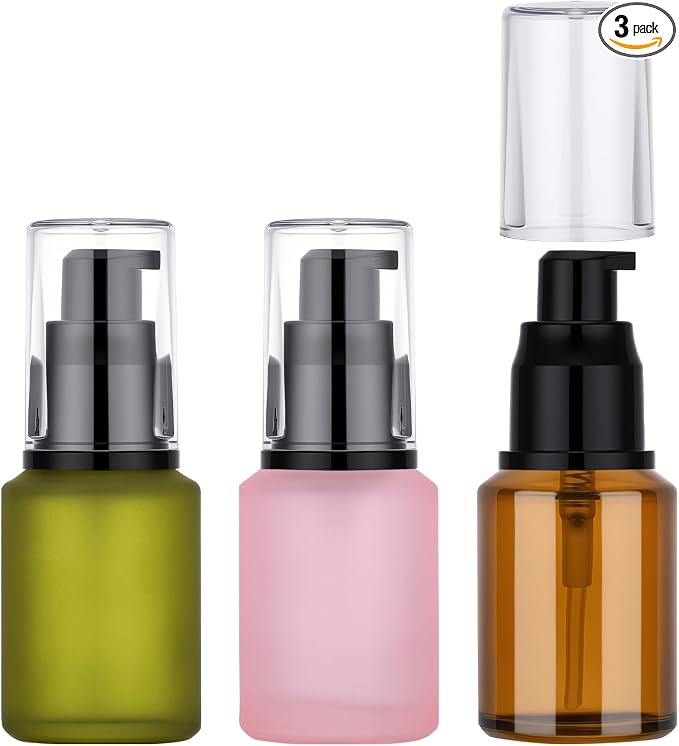 Segbeauty 1oz Frosted Glass Pump Bottle for Oils, 3pcs Mini Refillable Lotion Bottles for Travel, 30ml Travel Size Serum Bottle Empty, Portable Small Liquids Dispensers Cream Container in Mixed Color by Segbeauty
