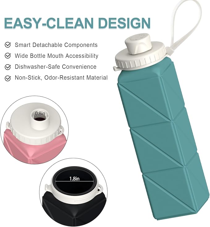 Collapsible Water Bottles 2 Pack, 21oz/610mL, Silicone Travel Water Bottle | BPA Free, Leakproof & Reusable, Foldable Portable Water Bottle for Traveling, Hiking, School, Sports, Outdoor (Blue+Pink) - Image 5