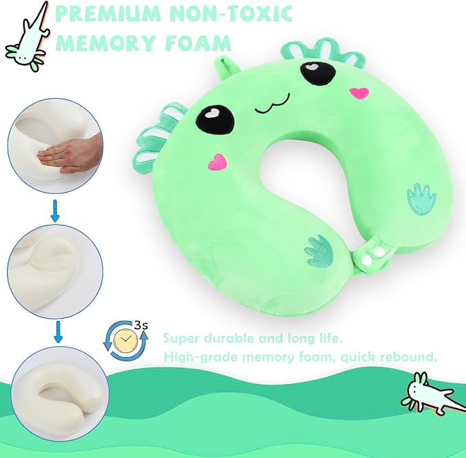 Travel Pillow, Kids Travel Pillow with Sleep Eye Mask Soft Memory Foam Kids Neck Pillow for Boys & Girls, Travel Accessories for Car Airplane Traveling - Green Axolotl - Image 3