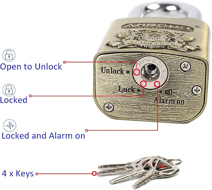 Alarm Padlock - Anti-Theft Heavy Duty Security Alarm Lock - 120db Alarm Sound - Weather Proof for Door Storehouse Truck with 4 Keys (10mm) Bronze - Image 3