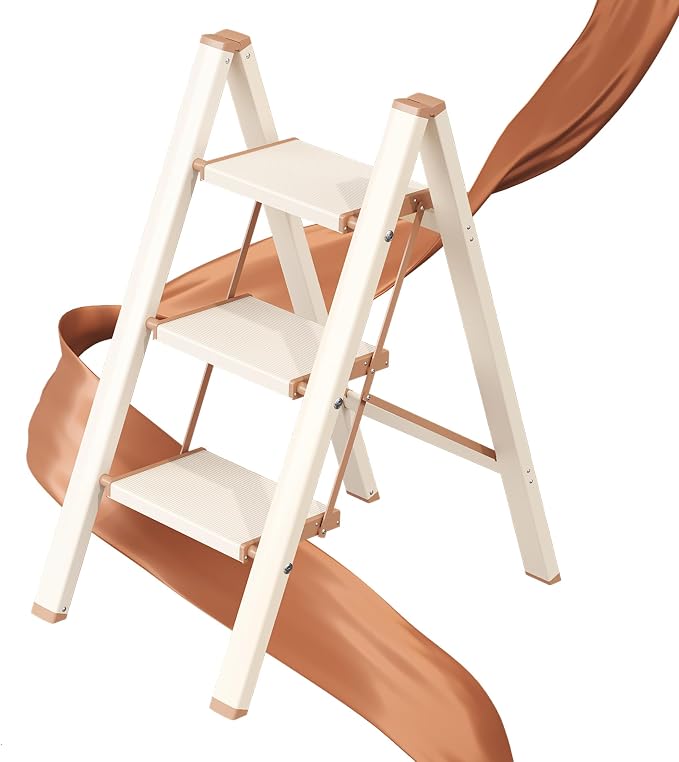 3 Step Ladder, Foldable Aluminum Step Stool with Anti-Slip Pedal | Lightweight yet Sturdy, Portable, Non Slip Feet, 300Lbs Capacity, Elegant Look, for Kitchen, Closet, Pantry, Cream Chocolate by GameGem