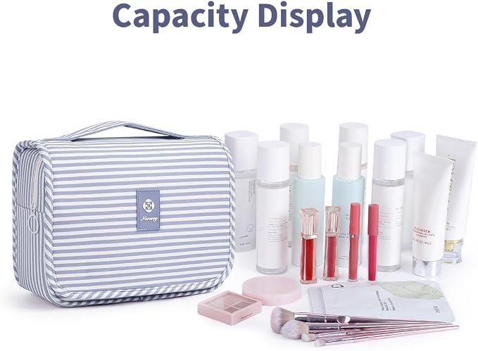 Narwey Small Hanging Toiletry Bag for Travel Women Girl, Striped Toiletries Travel Bag with Hook, Hanging Makeup Bag Organizer Make Up Cosmetic Bags, Gifts for Kids Teen (Greyish Blue Stripe) - Image 6