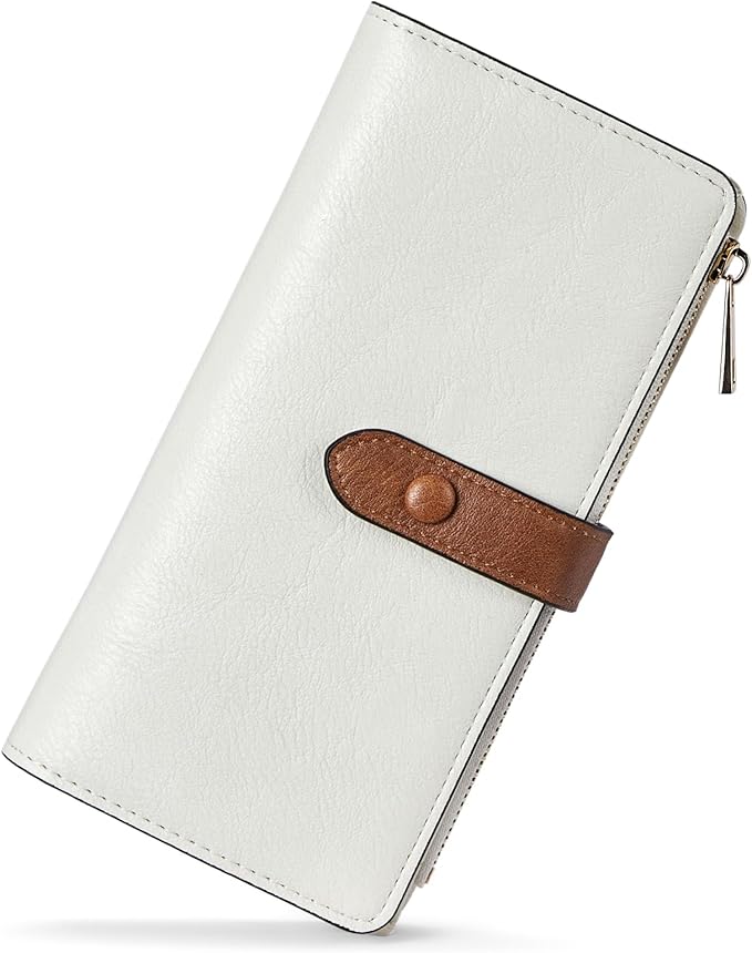 BOSTANTEN Womens Leather Wallet RFID Large Capacity Credit Card Holder | 4 ID Windows, 16 Card Slots, Zipper Coin Pocket, Clutch Wallet, Long Bifold, Ladies Gifts, Beige＆Brown by BOSTANTEN