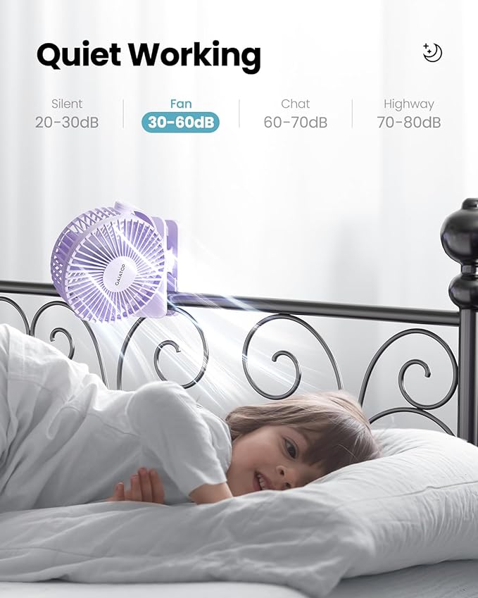 Gaiatop Portable Clip on Fan, Mini Personal Quiet Rechargeable Fan | Battery Operated, Small 3 Speed 360° Rotate, Cooling for Desk Table Home Office Stroller Camping Women Gifts Purple - Image 5