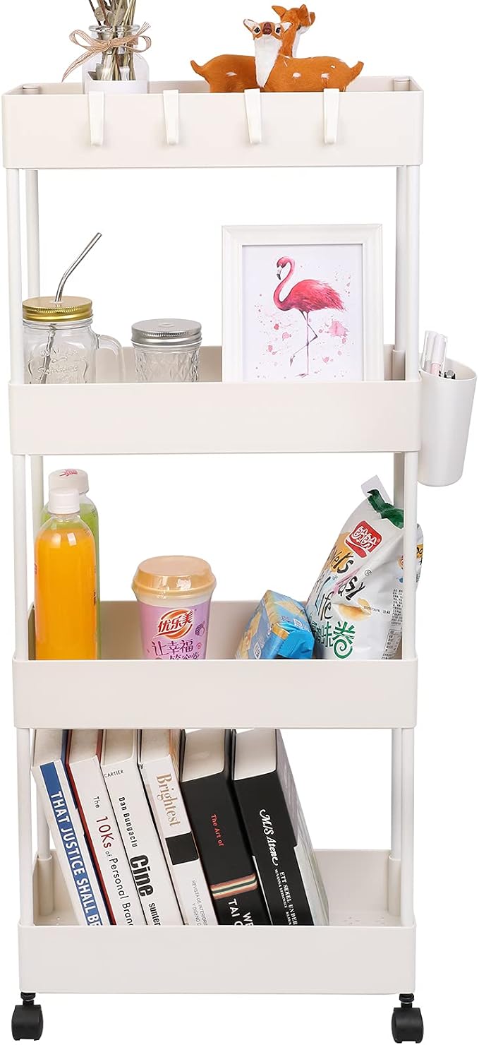 4 Tier Slim Rolling Utility Kitchen Cart Bathroom Organizer for Narrow Places Multipurpose Storage Shelve Mobile Trolley for Bedroom Laundry Office Restaurant Garage Pantry (White) by AYVANBER