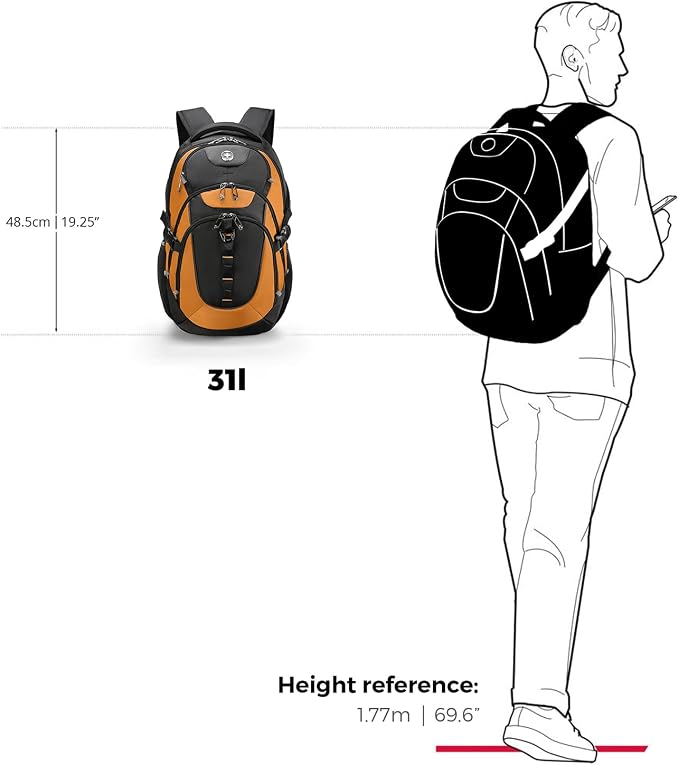 Swissdigital Design Laptop Backpack with USB Charging Port, Travel Backpack Fits 15.6 inches Computer, 31L College School Backpack for Men, Orange/Black | SD803-66 - Image 8