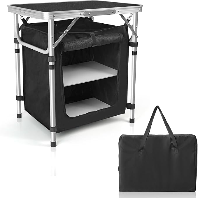 CampLand Folding Cooking Table Outdoor Portable Cook Station Aluminum Camping Kitchen with Storage Organizer, Windscreen, Hooks for BBQ, Party (SamllBlack) by CampLand