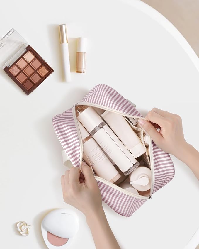 Full Size Toiletry Bag Women Large Cosmetic Bag Travel Makeup Bag Organizer Medicine Bag for Toiletries Essentials Accessories (Dusty Rose Stripe, Large) - Image 7