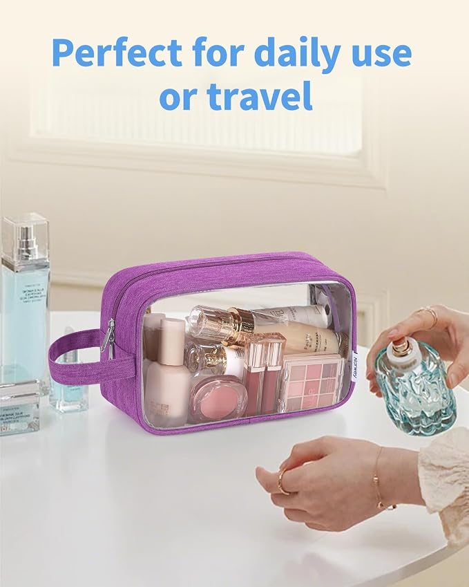 Narwey Clear Travel Toiletry Bags for Traveling Toiletries Men Women, Clear Makeup Bag Cosmetic Bag with Zipper, Make Up Pouch Organizer Bag with Handle, Skincare Beach Snack Medicine Bag, Purple - Image 8