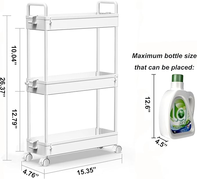 SOLEJAZZ Slim Rolling Storage Cart Skinny Bathroom Organizer, 3 Tier, White | Thin utility cart with wheels for bathroom, laundry room, bedside, kitchen, dorm, office, next to fridge, small narrow places - Image 2