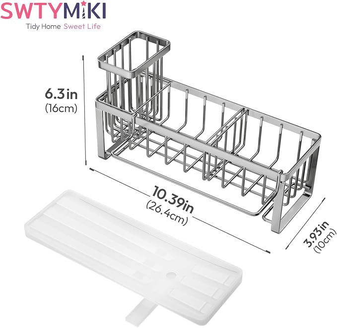 SWTYMIKI Sponge Holder for Kitchen Sink - Sink Caddy with Brush Holder Self-draining Sponge Caddy Organizer with Divider Stainless Steel Kitchen Accessories Storage for Countertop, Silver - Large - Image 8