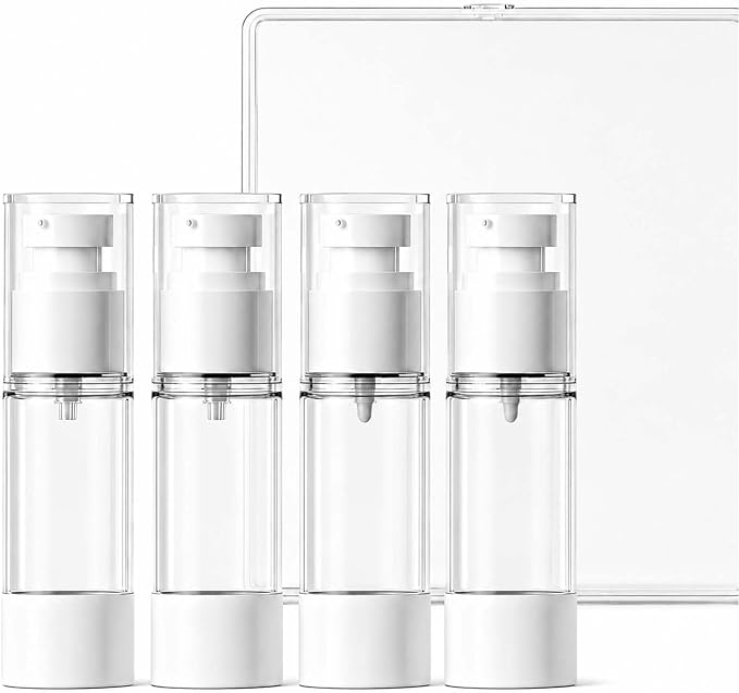 4 Pack Airless Pump Bottles, 1 oz Leakproof Travel Bottles with Pump for Toiletries, Small Empty Containers with Lids for Lotion Creams Serum Skin Care Shampoo Cosmetic Moisturizer Dispenser, Clear by WXOIEOD