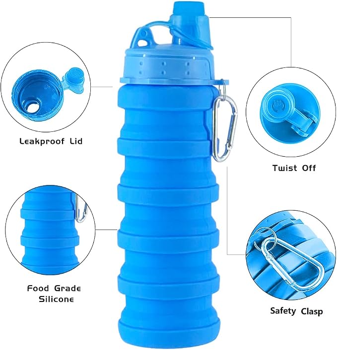 Collapsible Water Bottles 2 pack 500ML. (Blue+Purple) | Travel Water Bottle Portable Hiking Water Bottle with Leak proof Reusable BPA Free Silicone Water Bottles. - Image 3