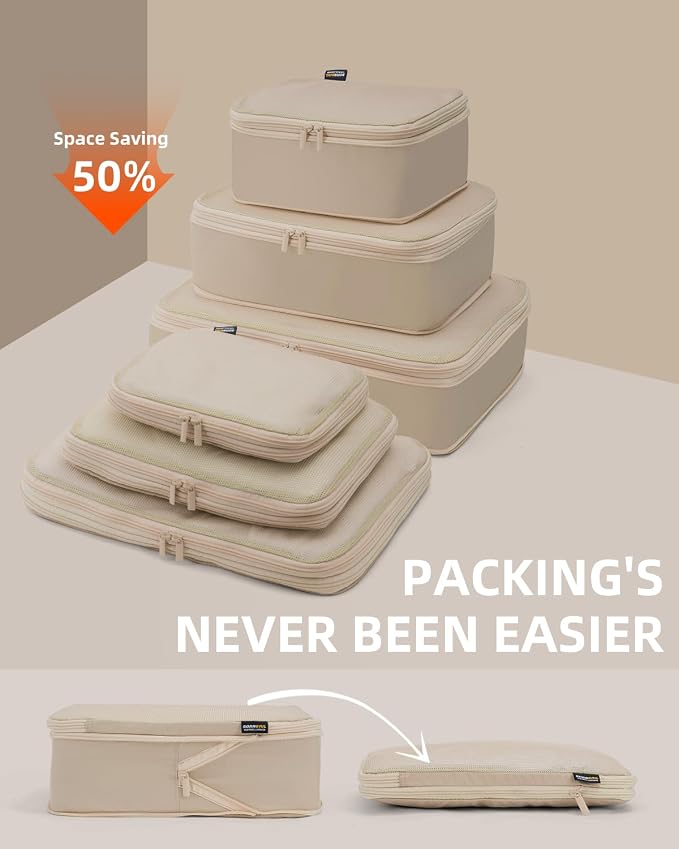 Compression Packing Cubes for Travel, 6-Piece Set (Large/Medium/Small), Double-Zip Luggage Organizers for Suitcase & Carry-On, Clothes Storage Bags (Classic Khaki, 6 Pack) - Image 2