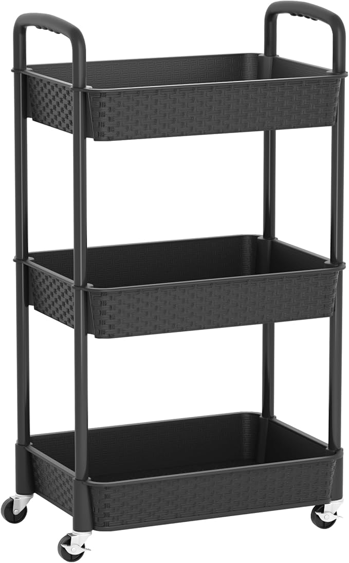 MOYIPIN 3-Tier Plastic Rolling Utility Cart with Handle,Black | Utility Storage Cart for Office, Living Room, Kitchen,Movable Storage Organizer，Easy installation，Rattan-like art design - Image 6