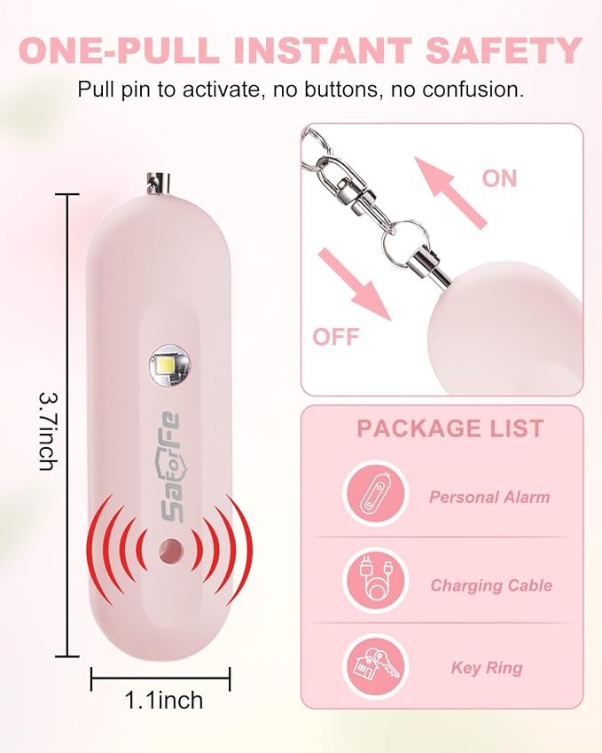 Personal Safety Alarm for Women - Waterproof Rechargeable Security Alarm - 140dB Extra Loud Siren with SOS Strobe Light - Self Defense Keychain for Women Girls Teens Seniors(Pink) - Image 6