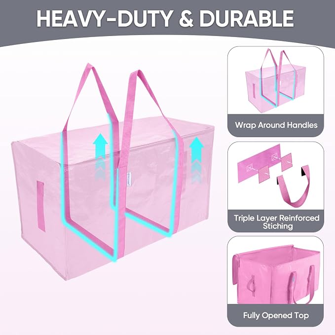 TICONN 2 Pack Extra Large Moving Bags Heavy Duty with Zippers & Carrying Handles, Durable Storage Bags Moving Boxes for Closet Organizers and Storage (2 Pack, Pink) - Image 3
