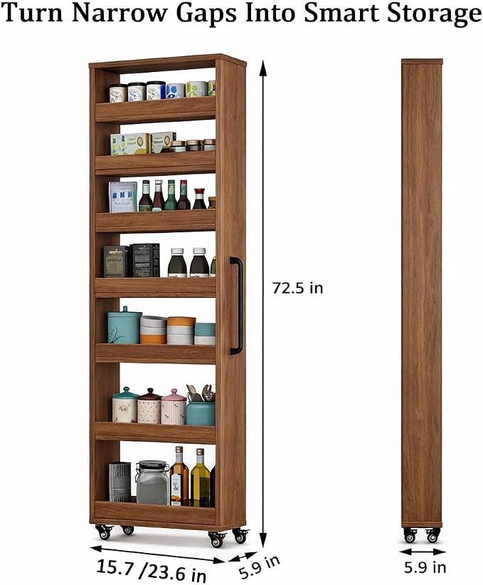 Beside Fridge Storage Slim Tall Cabinet - 7-Tier Tall Narrow Kitchen Pantry Pull Out Storage Cabinet Next To Fridge, Rolling Cart For Kitchen, Dorm, Bathroom, Laundry & Office (Walnut, 23.6 in) - Image 3