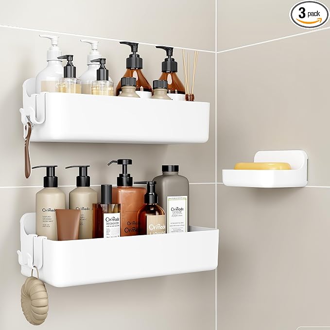 Orimade Shower Caddy 3-Pack, No-Drill Adhesive Shelves for Bathroom, Rustproof ABS Storage Organizer Set, White by Orimade