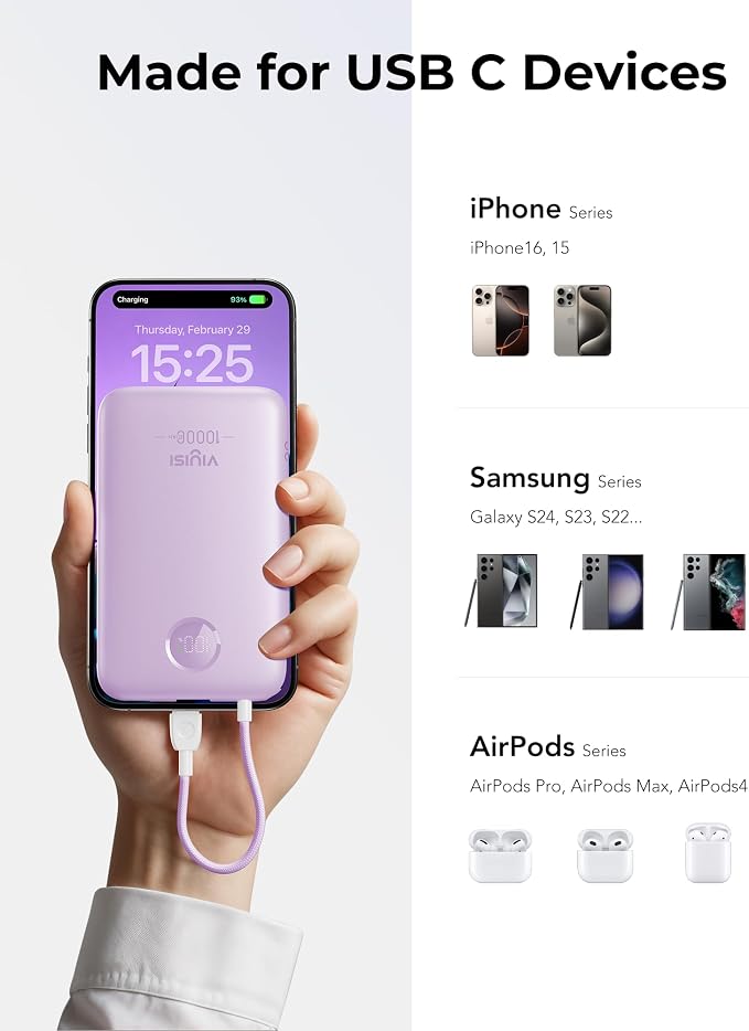 VIYISI 0.58” Slim Portable Charger Small 10000mAh with Built-in USB C Cable | 20W Compact Power Bank Fast Charging Battery Pack Stylish Travel Essential for iPhone 17 16 15 Samsung S25 A16 Android-Purple - Image 4
