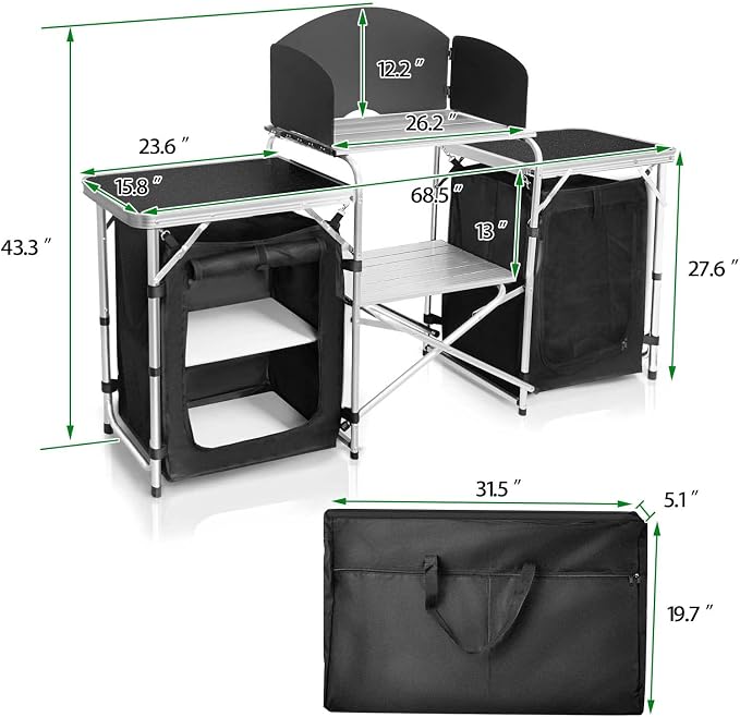 CampLand Folding Camping Kitchen Table with Windscreen,Portable Outdoor Cooking Station with Storage Cabinet & Side Tables Heavy Duty Camp Cook Station for Camping & BBQ (Black2cabinet) - Image 3