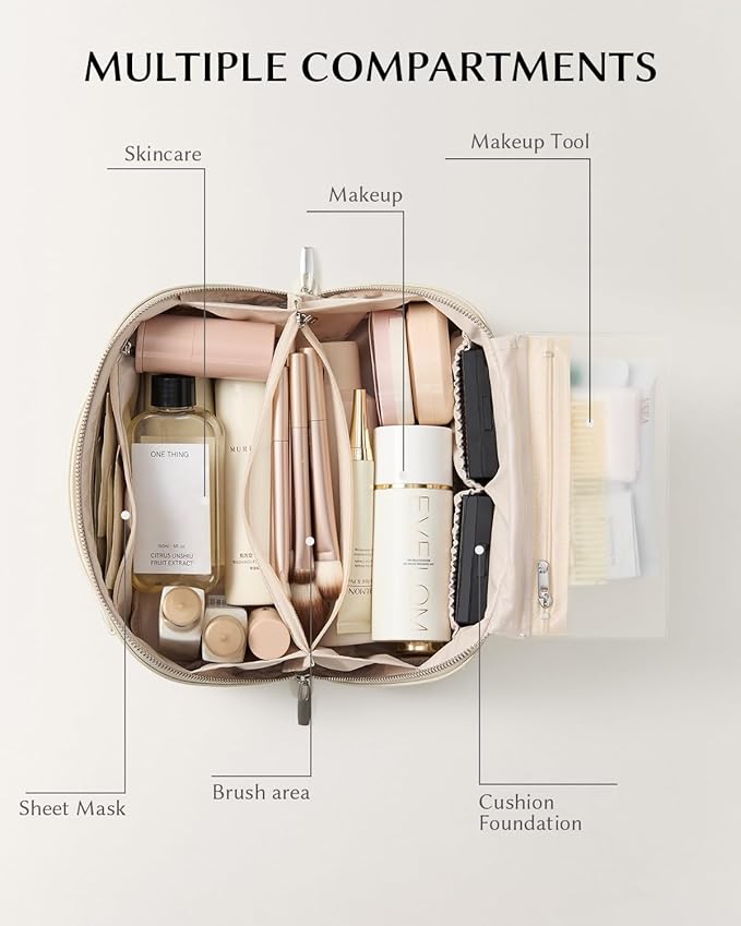 EACHY Travel Makeup Bag, PU Leather Cosmetic Bag for Women, Pearl White | PU leather organizer opens flat with two TPU brush pockets and divided storage for makeup, skincare, toiletries and travel - Image 2