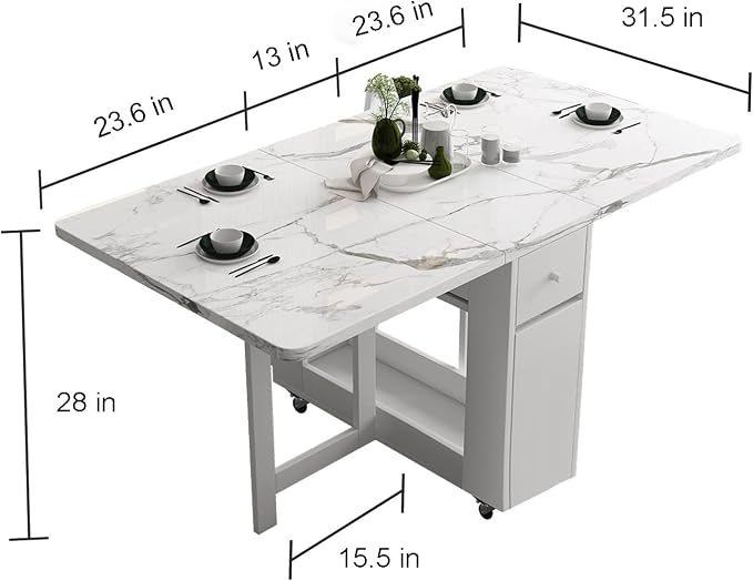 Folding Dining Table with Storage, Kitchen Table for Small Spaces | Foldable, Drop Leaf, Movable, 4 Wheels, Space Saving, Extendable, Marble Texture Top, for Apartment Kitchen Living Room White - Image 3