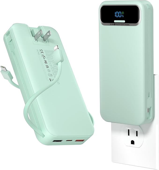 aonidi Portable Charger 20000mAh with Built-in Cables&AC Wall Plug, Green | PD20W Fast Charging,Travel Essential,TSA Approved,LED Display,All in One USB C Power Bank for All Cell Phones Devices by AONIDI
